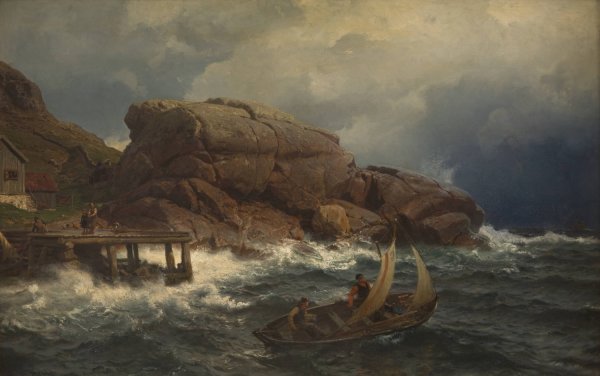 A Norwegian Seaport  by Hans Fredrik Gude - Hand-Painted Oil Painting Reproduction