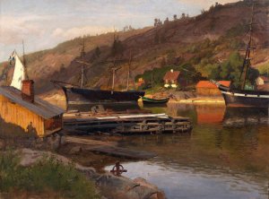 Landingsbrygge Husvik, Drobak by Hans Fredrik Gude Oil Painting
