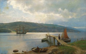 The Jetty At Feste Near Moss by Hans Fredrik Gude Oil Painting