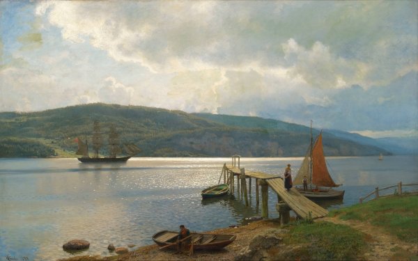 The Jetty At Feste Near Moss  by Hans Fredrik Gude - Hand-Painted Oil Painting Reproduction