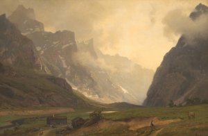 The Troll Peaks in Romsdalen, The Foot of Romsdalshorn to the Right by Hans Fredrik Gude Oil Painting