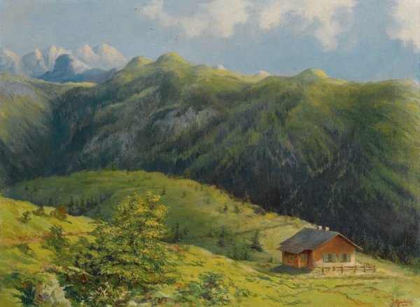 Main Product Photo of The Saas Hunting Lodge, Liechtenstein  Painting by Hans Gantner