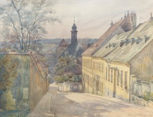 A view of Diesterweggasse and St. Rochus chapel in Penzing Oil painting by Hans Gotzinger