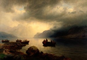 Funeral Procession on the Sogne Fjord by Hans Gude Oil Painting