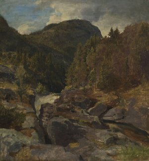 Landscape with Waterfall by Hans Gude Oil Painting