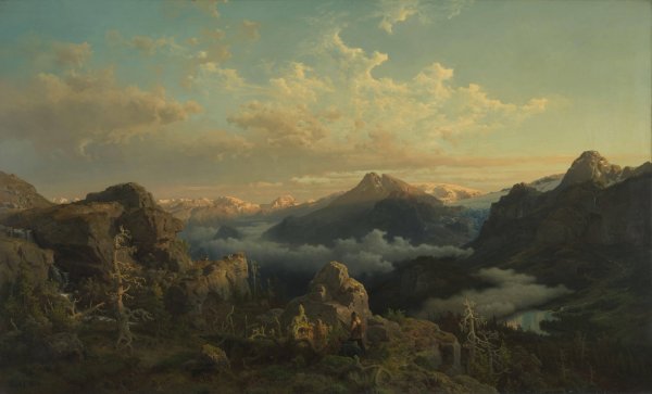 Norwegian Highlands in Sunrise  by Hans Gude - Hand-Painted Oil Painting Reproduction
