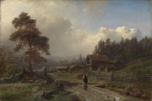 Norwegian Landscape in Rain  by Hans Gude - Hand-Painted Oil Painting Reproduction