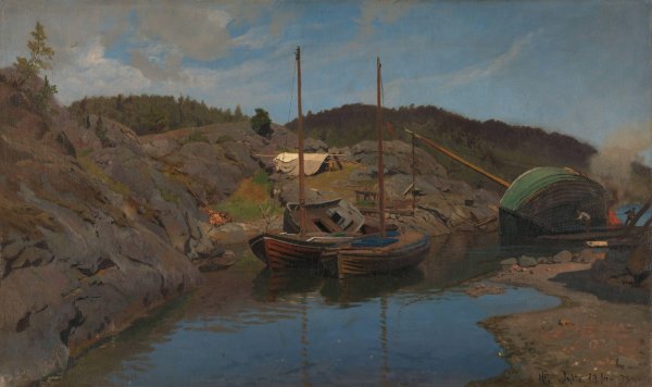 Pilotboats  by Hans Gude - Hand-Painted Oil Painting Reproduction