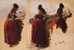Studies of a Woman from Rugen by Hans Gude Oil Painting