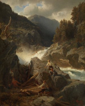 Waterfall in Hallingdal by Hans Gude Oil Painting