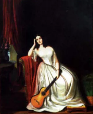 Lady In Fine White Gown With Guitar by Hans Heinrich Bebie Oil Painting