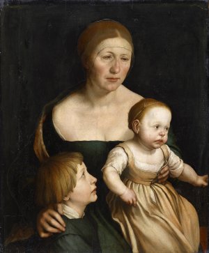 Portrait Of The Artist's Wife With The Two Oldest Children, Around 1528 by Hans Holbein The Elder Oil Painting