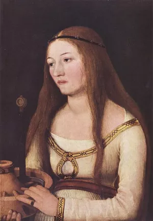 Portrat der Katharina Schwarz mit den Attributen ihrer Nahmensheiligen by Hans Holbein The Elder - Oil Painting Reproduction