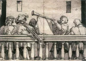 Musicians on a Balcony by Hans Holbein The Younger Oil Painting