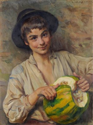 Italian Boy With Pumpkin by Hans (Johann) Ludwig Lendorff Oil Painting