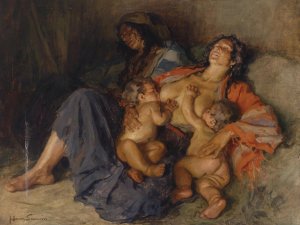 Zigeunerinnen mit ihren zwei Kindern by Hans Larwin Oil Painting