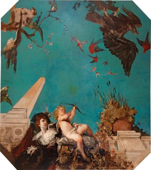 A Ceiling Painting, Society Lady With Cupid In A Garden Landscape by Hans Makart Oil Painting