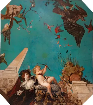 A Ceiling Painting, Society Lady With Cupid In A Garden Landscape by Hans Makart Oil Painting