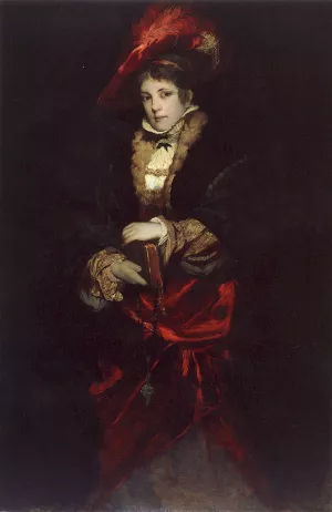 Portrait of a Lady with Red Plumed Hat by Hans Makart - Oil Painting Reproduction