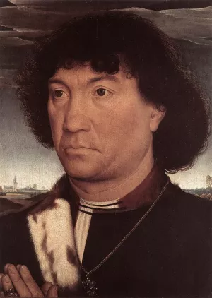 Portrait of a Man at Prayer before a Landscape painting by Hans Memling