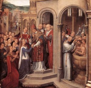 St Ursula Shrine: Arrival in Rome Scene 3 Oil painting by Hans Memling
