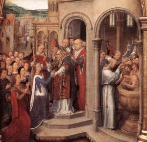 St Ursula Shrine: Arrival in Rome Scene 3 Oil painting by Hans Memling