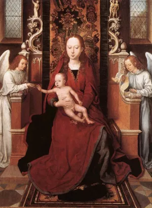 Virgin and Child Enthroned with Two Angels by Hans Memling Oil Painting