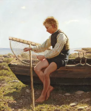 En dreng reparerer nettet by Hans Michael Therkildsen Oil Painting