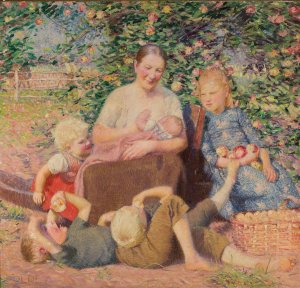 A woman with children under an apple tree by Hans Olde Oil Painting
