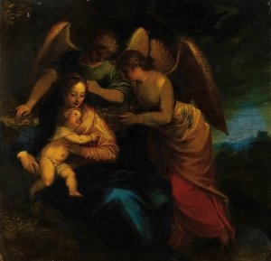 Madonna and child surrounded by angels by Hans Rottenhammer Oil Painting