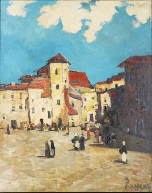 Mediterranes Stadtmotiv mit belebtem Hof by Hans Ruzicka-Lautenschlager Oil Painting