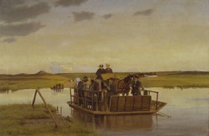En faerge over Gudenaen by Hans Smidth Oil Painting