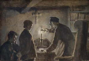 Pastor Soren blows out the candle on the New Year's Eve by Hans Smidth Oil Painting