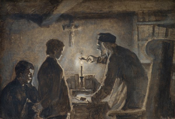 Pastor Soren blows out the candle on the New Year's Eve  by Hans Smidth - Hand-Painted Oil Painting Reproduction
