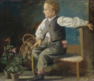 A young boy on a bench with flower pots and a wicker basket by Hans Thoma Oil Painting