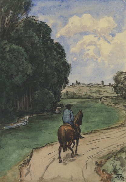 Am Waldesrand. Reiter auf einem Wege, bildeinwarts  by Hans Thoma - Hand-Painted Oil Painting Reproduction