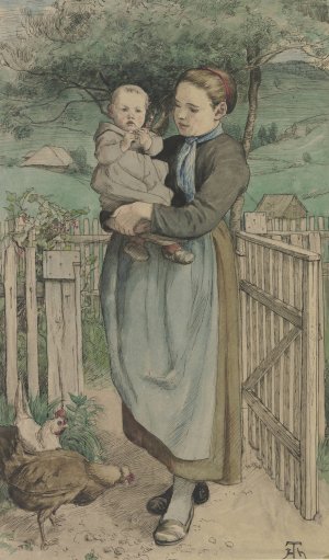 Bauernmadchen mit einem Kind auf dem Arm an einem Holzgitter stehend by Hans Thoma Oil Painting