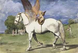 Cherub on Pegasus by Hans Thoma Oil Painting