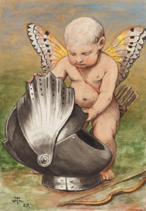 Cherub with Helmet by Hans Thoma Oil Painting