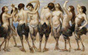 Eight dancing women in bird bodies by Hans Thoma Oil Painting