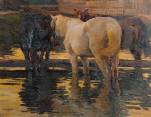 Pferde in der Schwemme by Hans Von Hayek Oil Painting