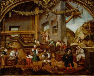 Gathering Grapes and Making Wine; September from a cycle of the labours of the months by Hans Wertinger Oil Painting
