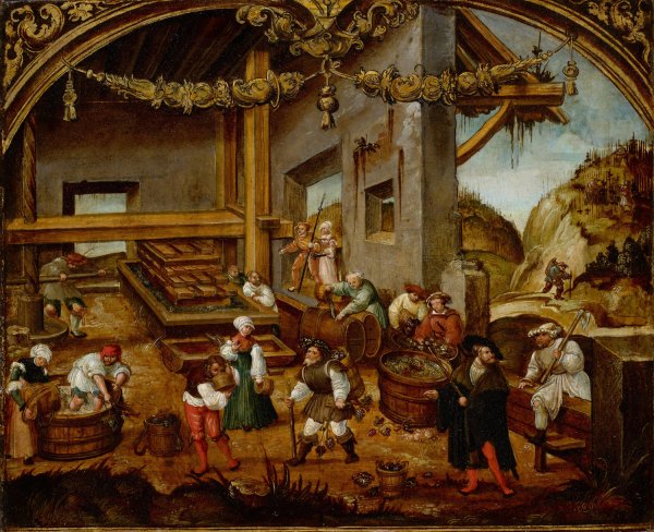 Main Product Photo of Gathering Grapes and Making Wine; September from a cycle of the labours of the months  Painting by Hans Wertinger