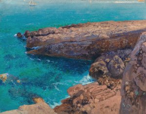 A rocky coast, in the background a sailing boat by Hans Wilt Oil Painting