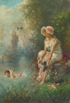 Love By The River's Edge by Hans Zatzka Oil Painting