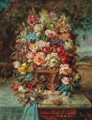 Reiches Blumenstillleben mit Blaumeise vor einer weiten Landschaft by Hans Zatzka Oil Painting