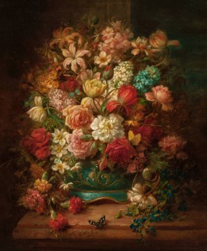 Still Life with Flowers and Butterflies by Hans Zatzka Oil Painting
