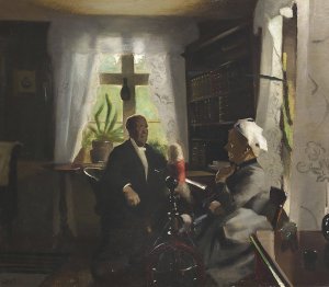 Aeldre aegtepar i samtale i dagligstuen by Harald Slott-Moller Oil Painting