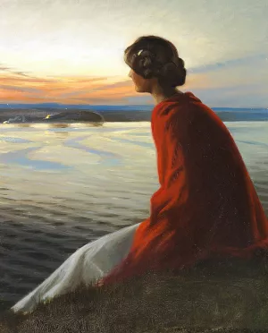 En ung kvinde betragter et sankthansbal Oil painting by Harald Slott-Moller