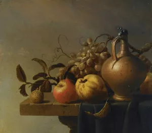 Still Life With A Ewer And Some Fruit On A Partly-Draped Stone Ledge Oil painting by Harmen Steenwyck